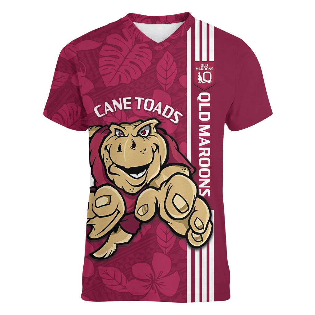 Custom QLD Maroons Rugby Women V-Neck T-Shirt Cane Toads Polynesian Pattern Tropical Vibes