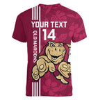 Custom QLD Maroons Rugby Women V-Neck T-Shirt Cane Toads Polynesian Pattern Tropical Vibes