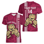 Custom QLD Maroons Rugby Women V-Neck T-Shirt Cane Toads Polynesian Pattern Tropical Vibes