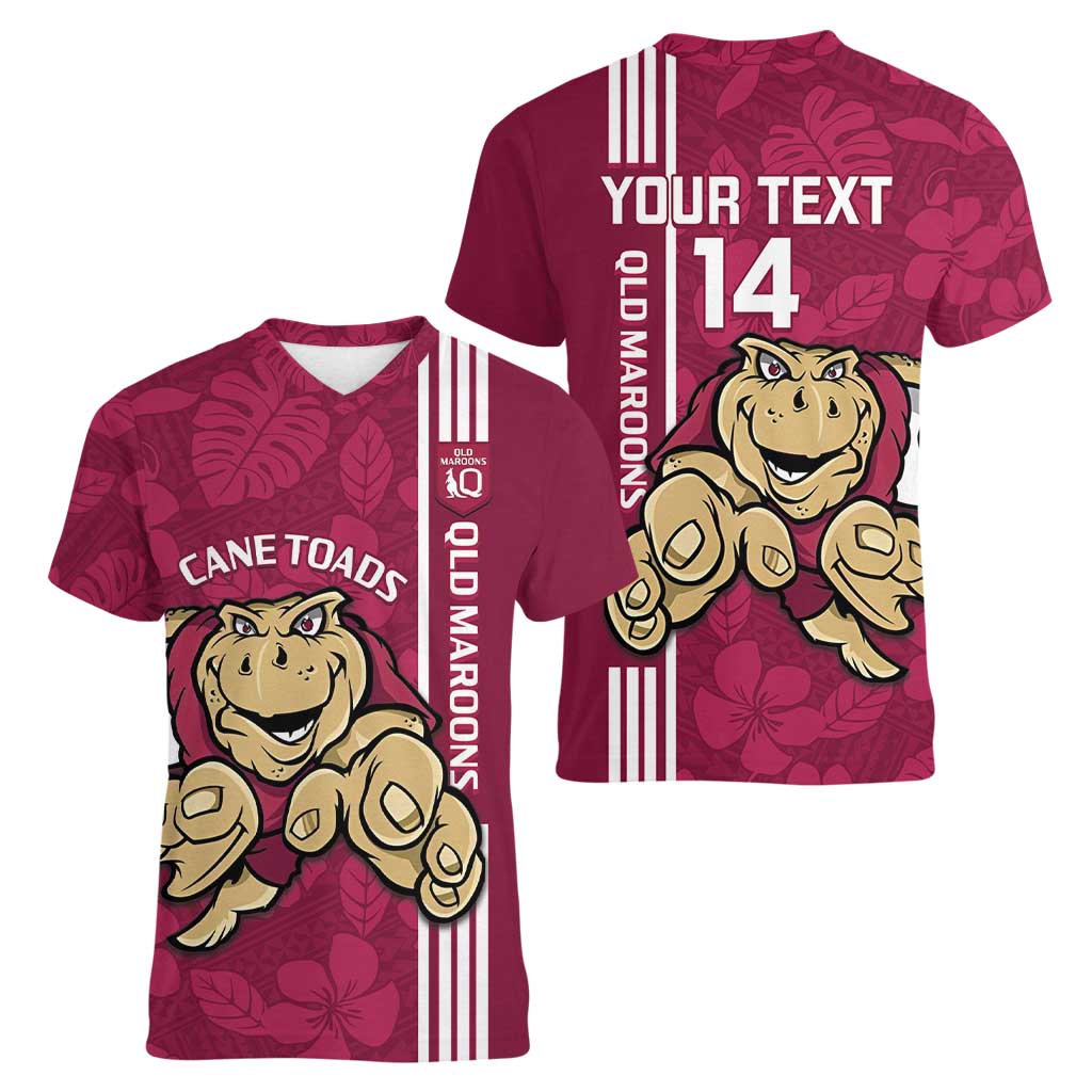 Custom QLD Maroons Rugby Women V-Neck T-Shirt Cane Toads Polynesian Pattern Tropical Vibes