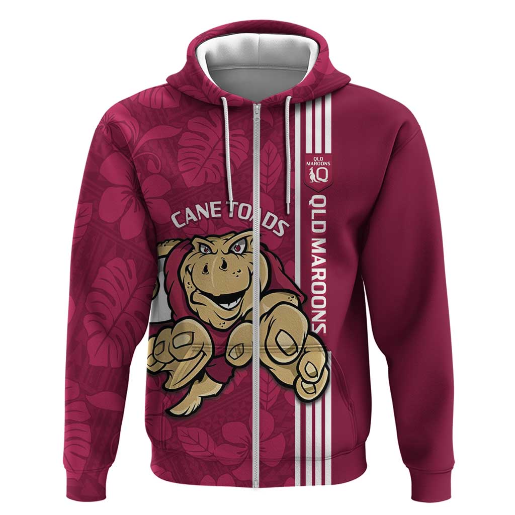 Custom QLD Maroons Rugby Zip Hoodie Cane Toads Polynesian Pattern Tropical Vibes