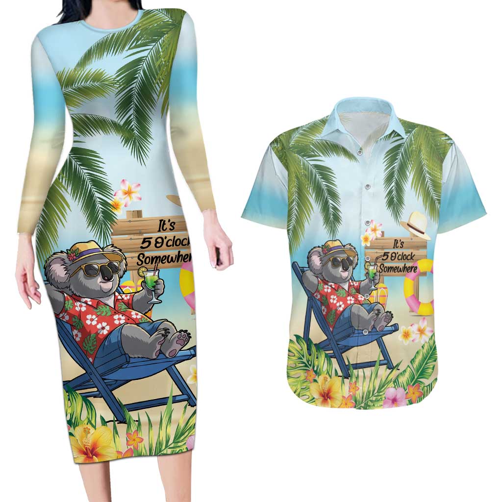 Chilling Koala Australia Couples Matching Long Sleeve Bodycon Dress and Hawaiian Shirt It's 5 O’Clock Somewhere Tropical Vibes - Aussie Hoodie