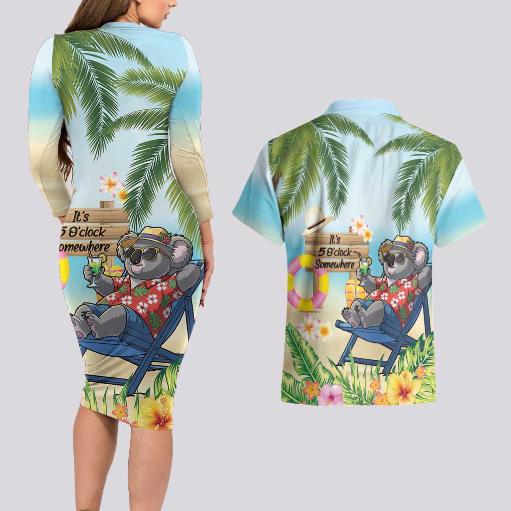 Chilling Koala Australia Couples Matching Long Sleeve Bodycon Dress and Hawaiian Shirt It's 5 O’Clock Somewhere Tropical Vibes - Aussie Hoodie