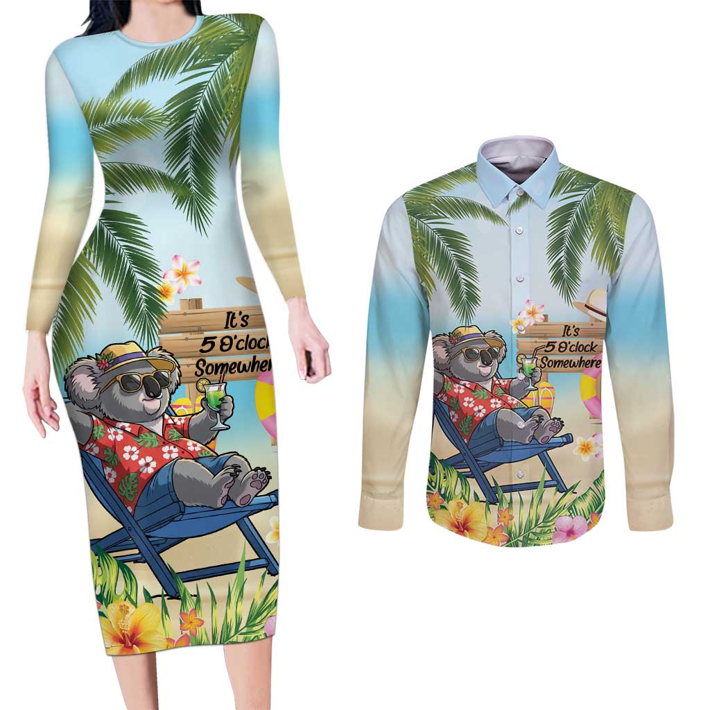 Chilling Koala Australia Couples Matching Long Sleeve Bodycon Dress and Long Sleeve Button Shirt It's 5 O’Clock Somewhere Tropical Vibes - Aussie Hoodie