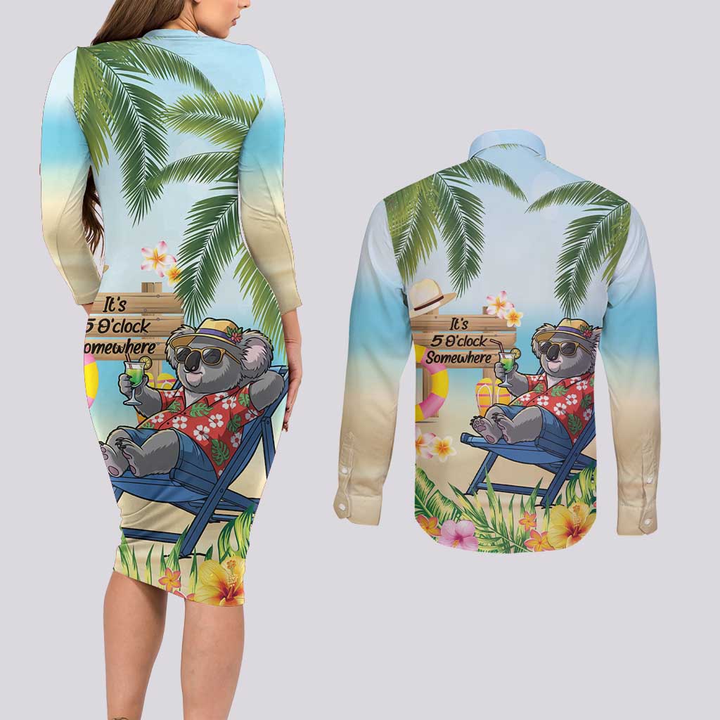 Chilling Koala Australia Couples Matching Long Sleeve Bodycon Dress and Long Sleeve Button Shirt It's 5 O’Clock Somewhere Tropical Vibes - Aussie Hoodie