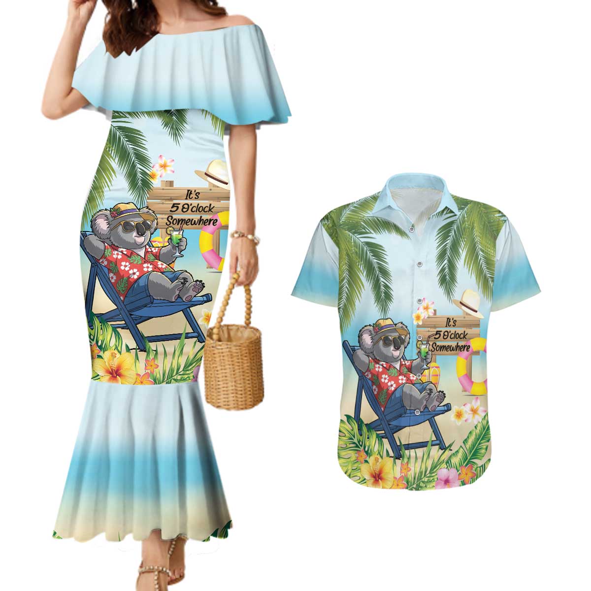 Chilling Koala Australia Couples Matching Mermaid Dress and Hawaiian Shirt It's 5 O’Clock Somewhere Tropical Vibes - Aussie Hoodie