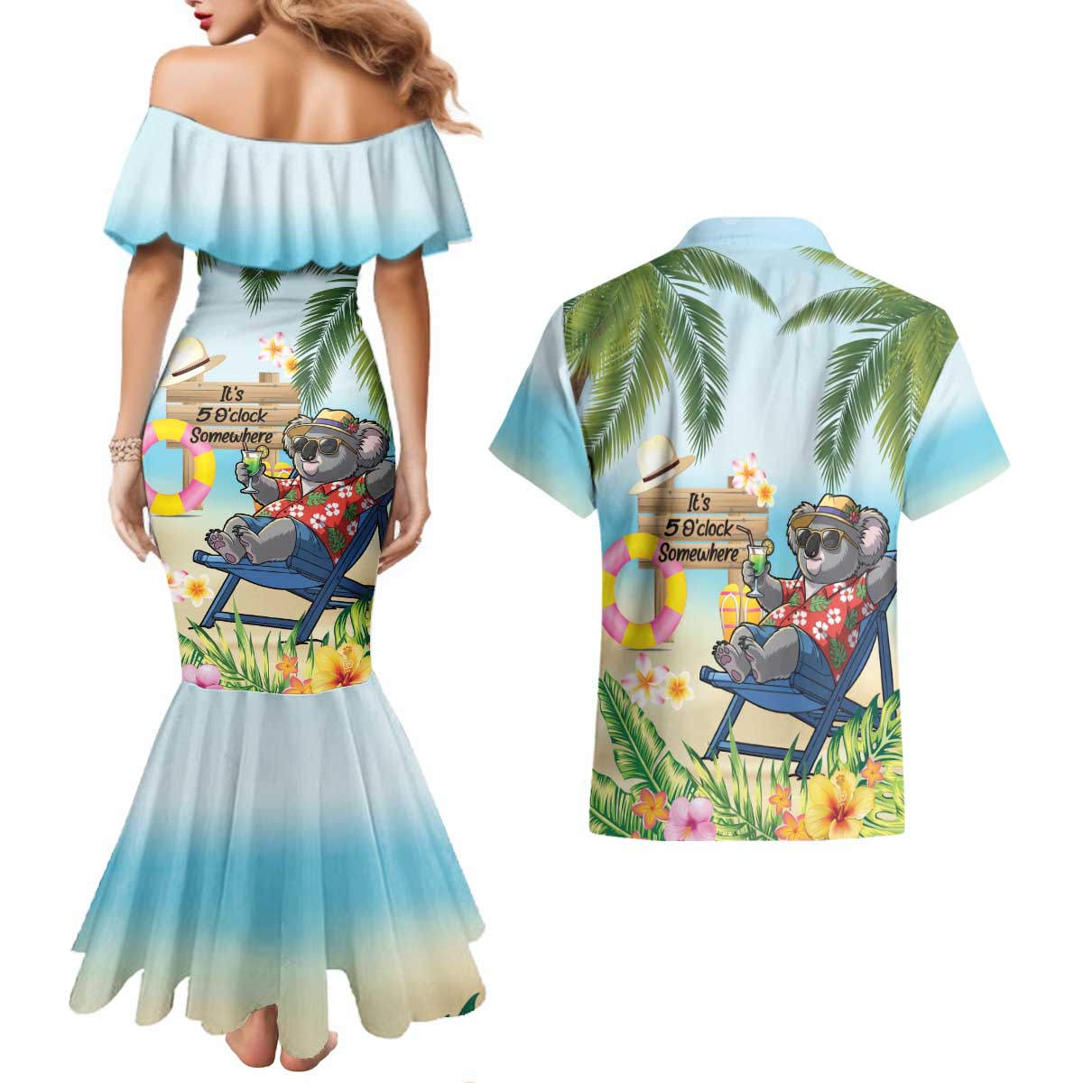 Chilling Koala Australia Couples Matching Mermaid Dress and Hawaiian Shirt It's 5 O’Clock Somewhere Tropical Vibes - Aussie Hoodie