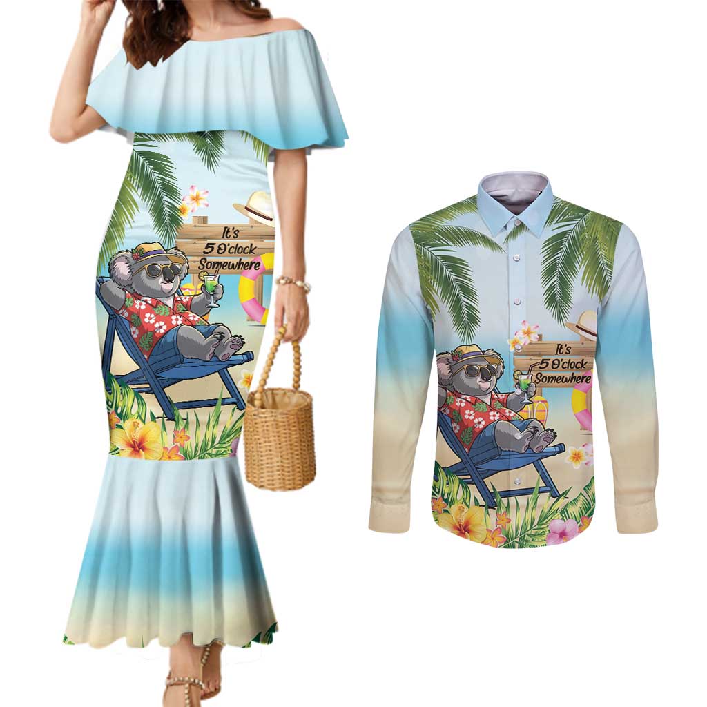 Chilling Koala Australia Couples Matching Mermaid Dress and Long Sleeve Button Shirt It's 5 O’Clock Somewhere Tropical Vibes - Aussie Hoodie