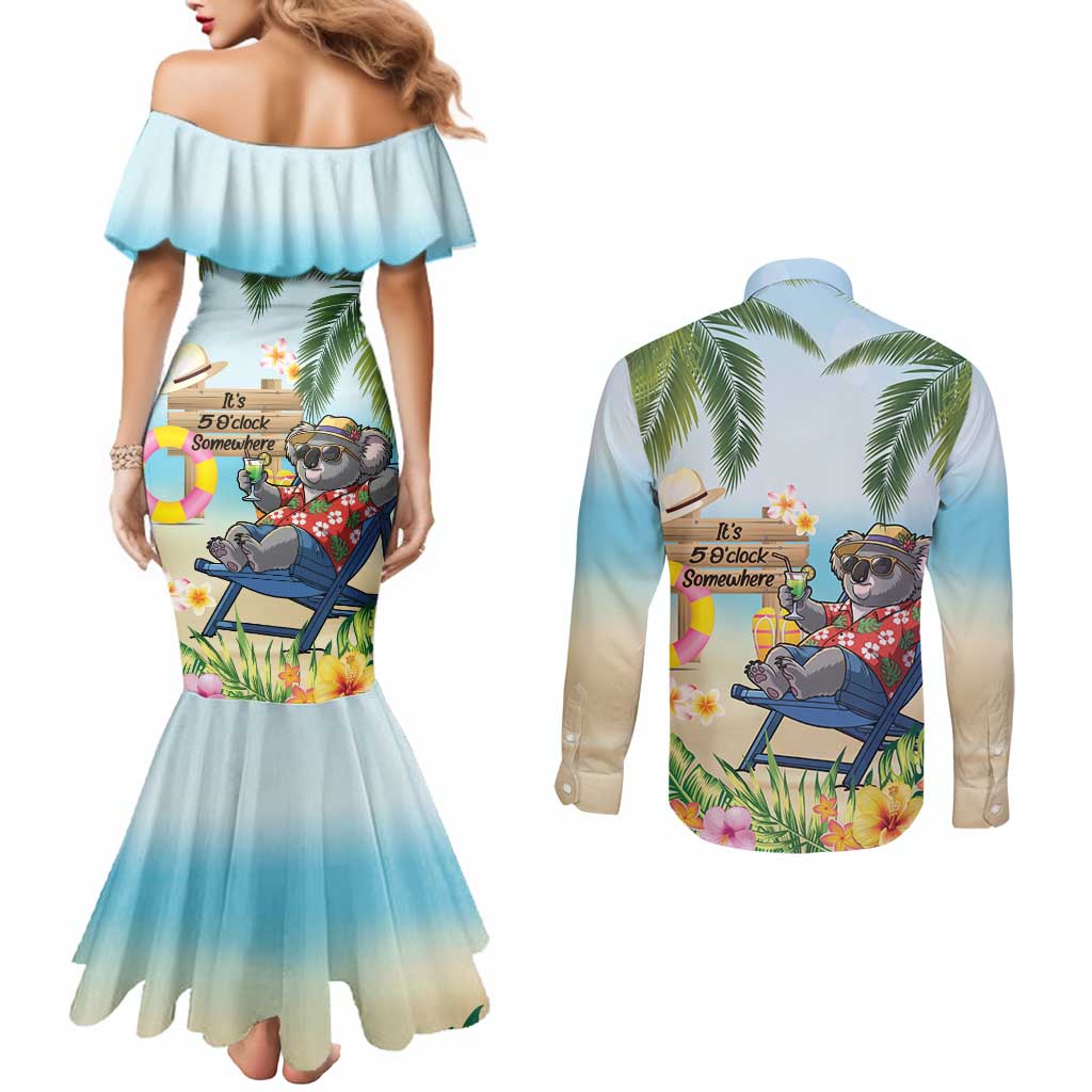 Chilling Koala Australia Couples Matching Mermaid Dress and Long Sleeve Button Shirt It's 5 O’Clock Somewhere Tropical Vibes - Aussie Hoodie