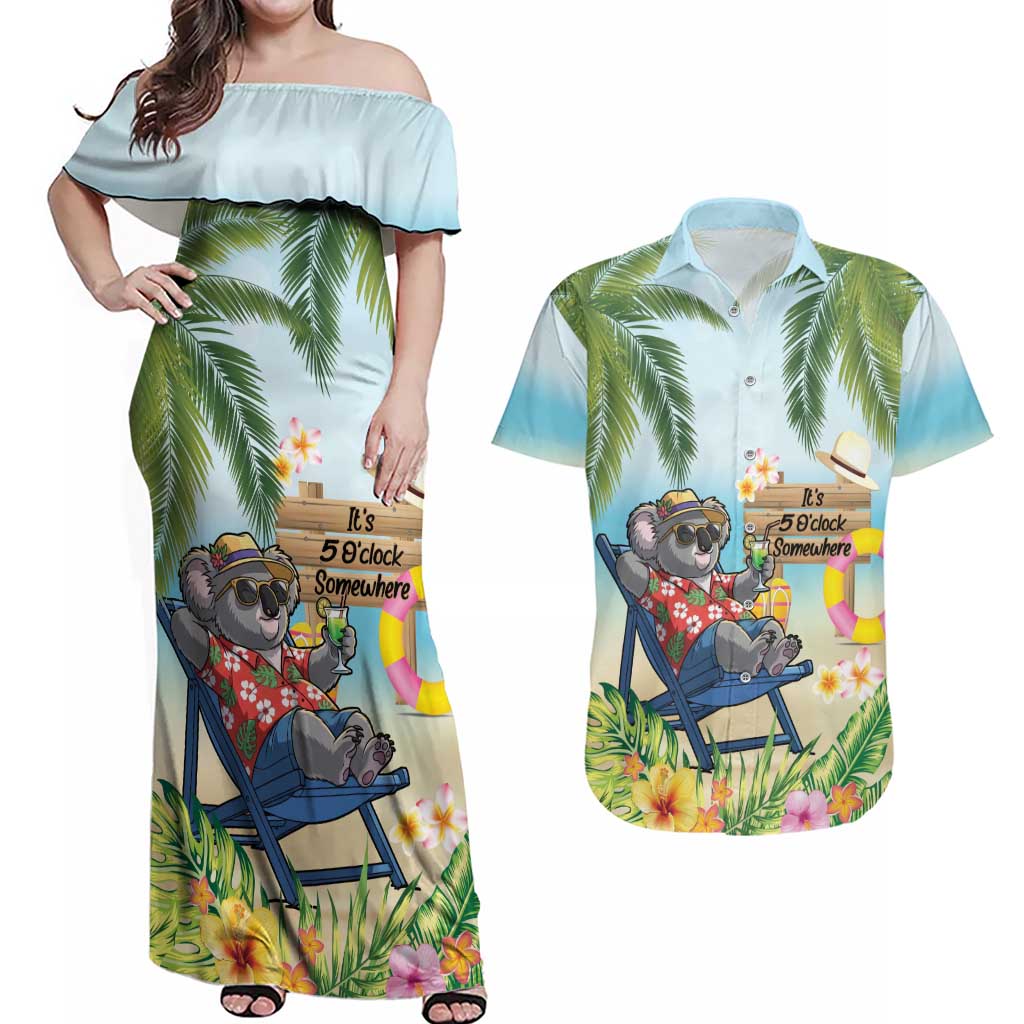 Chilling Koala Australia Couples Matching Off Shoulder Maxi Dress and Hawaiian Shirt It's 5 O’Clock Somewhere Tropical Vibes - Aussie Hoodie