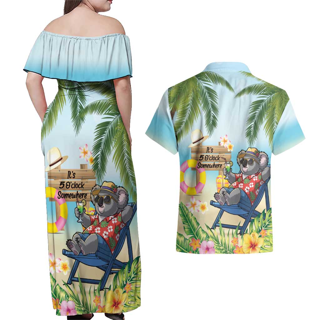 Chilling Koala Australia Couples Matching Off Shoulder Maxi Dress and Hawaiian Shirt It's 5 O’Clock Somewhere Tropical Vibes - Aussie Hoodie