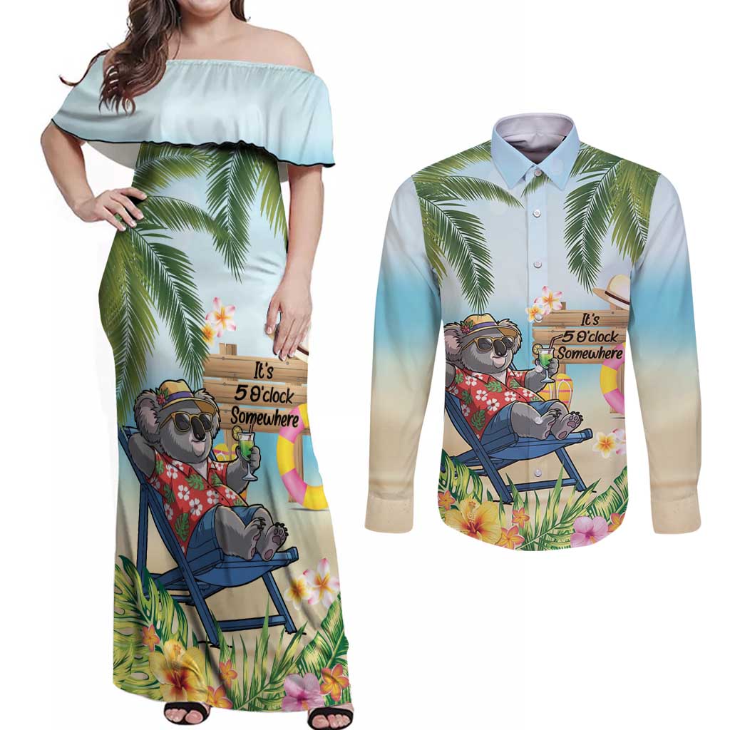 Chilling Koala Australia Couples Matching Off Shoulder Maxi Dress and Long Sleeve Button Shirt It's 5 O’Clock Somewhere Tropical Vibes - Aussie Hoodie