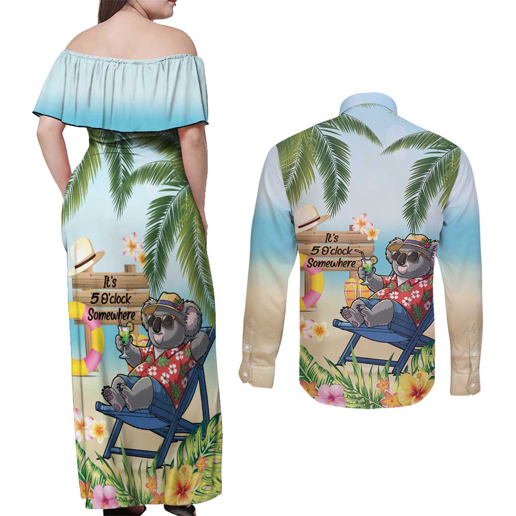 Chilling Koala Australia Couples Matching Off Shoulder Maxi Dress and Long Sleeve Button Shirt It's 5 O’Clock Somewhere Tropical Vibes - Aussie Hoodie