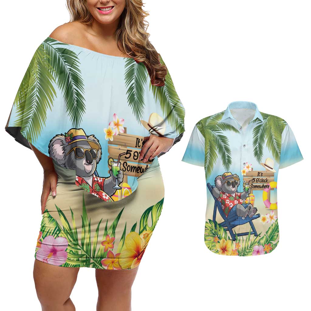 Chilling Koala Australia Couples Matching Off Shoulder Short Dress and Hawaiian Shirt It's 5 O’Clock Somewhere Tropical Vibes - Aussie Hoodie