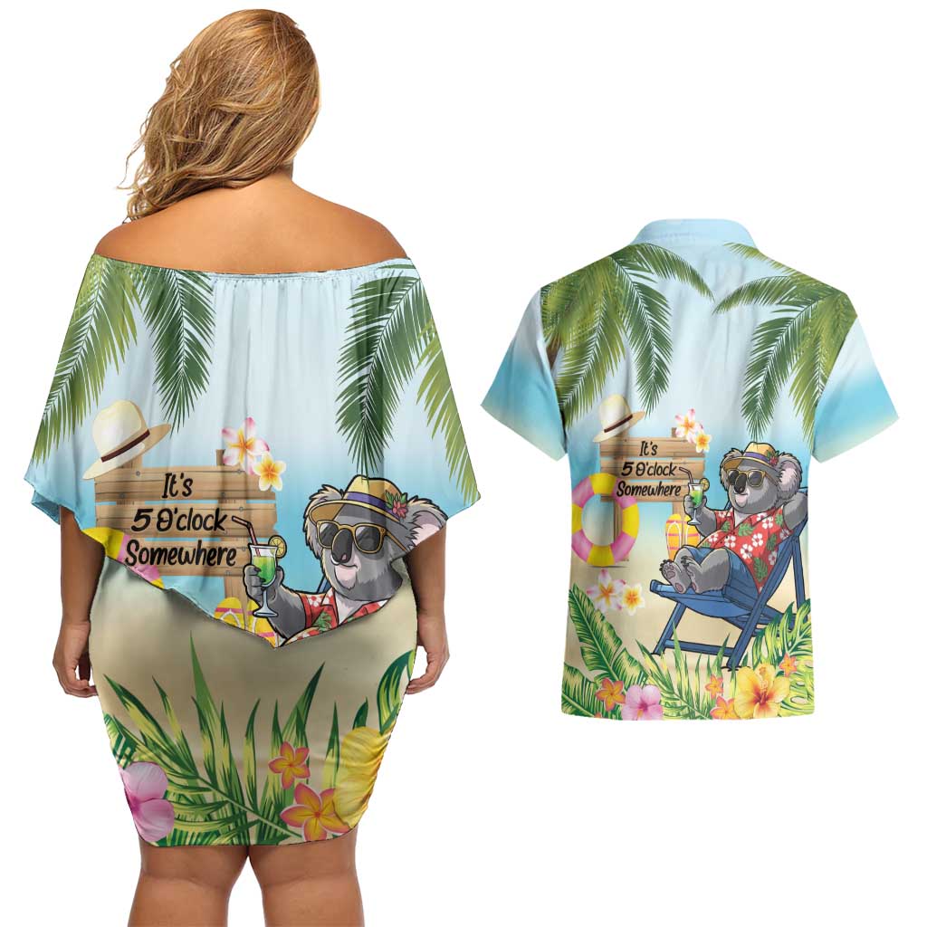 Chilling Koala Australia Couples Matching Off Shoulder Short Dress and Hawaiian Shirt It's 5 O’Clock Somewhere Tropical Vibes - Aussie Hoodie
