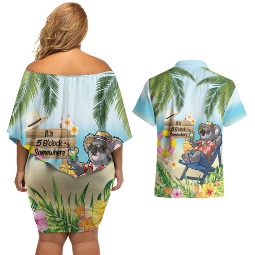 Chilling Koala Australia Couples Matching Off Shoulder Short Dress and Hawaiian Shirt It's 5 O’Clock Somewhere Tropical Vibes - Aussie Hoodie
