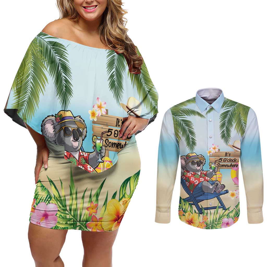 Chilling Koala Australia Couples Matching Off Shoulder Short Dress and Long Sleeve Button Shirt It's 5 O’Clock Somewhere Tropical Vibes - Aussie Hoodie
