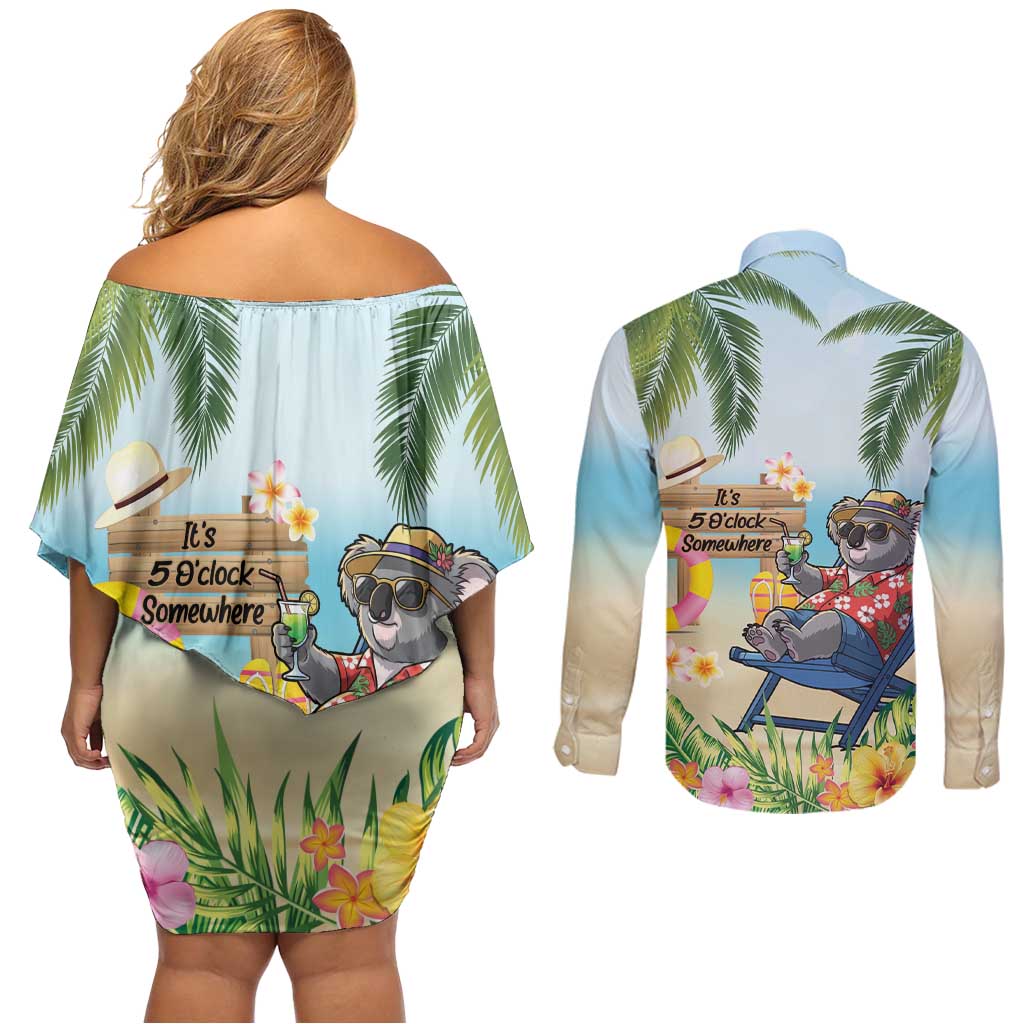 Chilling Koala Australia Couples Matching Off Shoulder Short Dress and Long Sleeve Button Shirt It's 5 O’Clock Somewhere Tropical Vibes - Aussie Hoodie