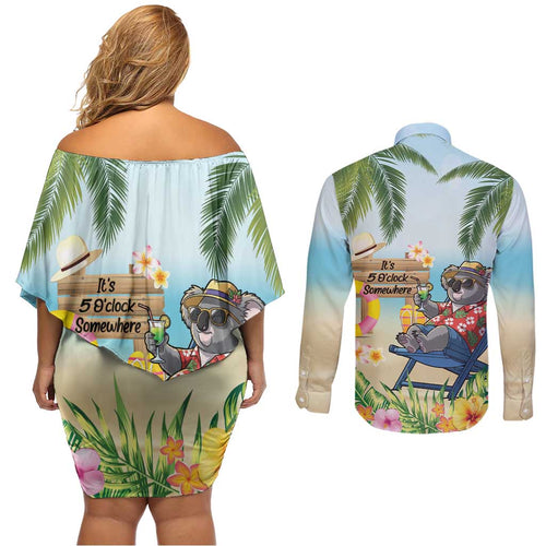 Chilling Koala Australia Couples Matching Off Shoulder Short Dress and Long Sleeve Button Shirt It's 5 O’Clock Somewhere Tropical Vibes - Aussie Hoodie