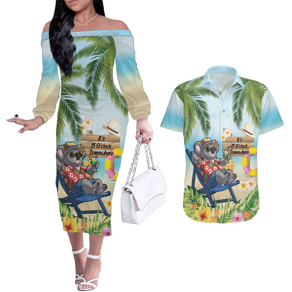 Chilling Koala Australia Couples Matching Off The Shoulder Long Sleeve Dress and Hawaiian Shirt It's 5 O’Clock Somewhere Tropical Vibes - Aussie Hoodie