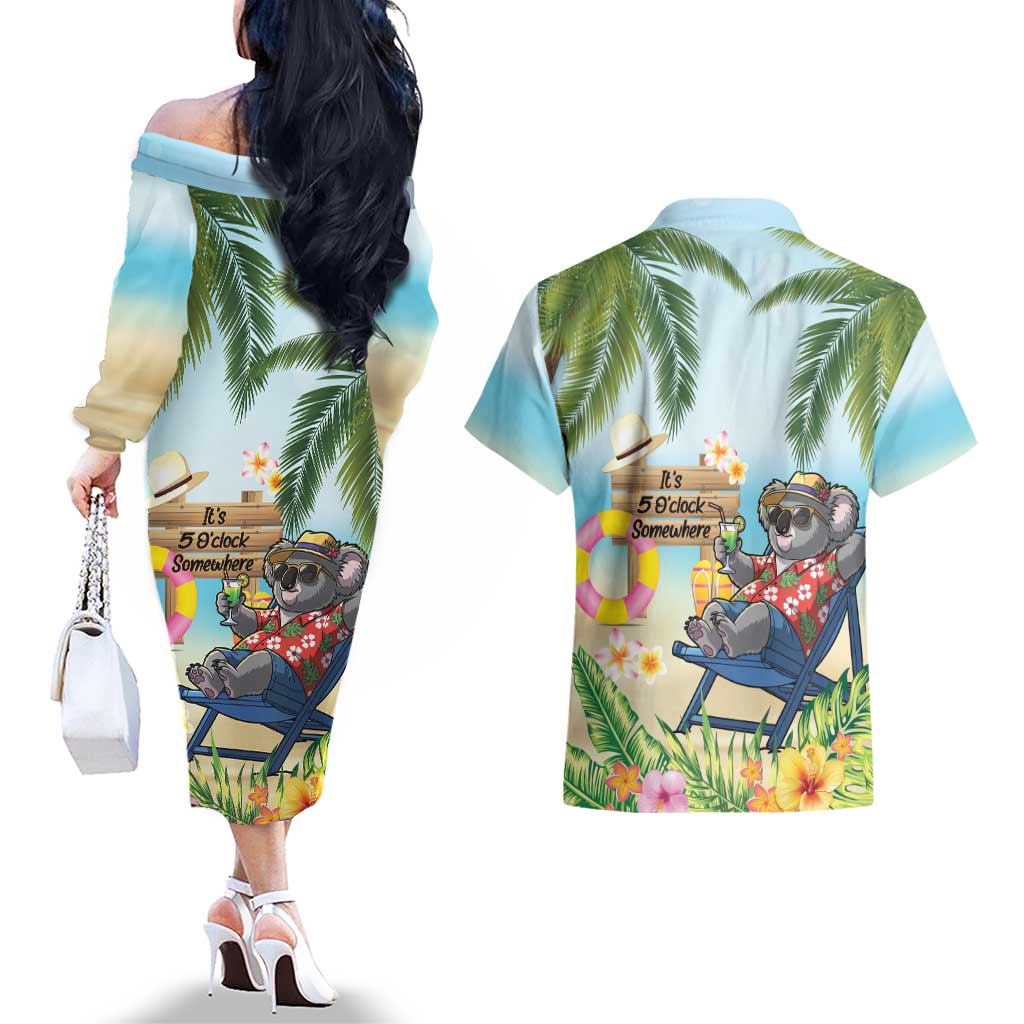 Chilling Koala Australia Couples Matching Off The Shoulder Long Sleeve Dress and Hawaiian Shirt It's 5 O’Clock Somewhere Tropical Vibes - Aussie Hoodie