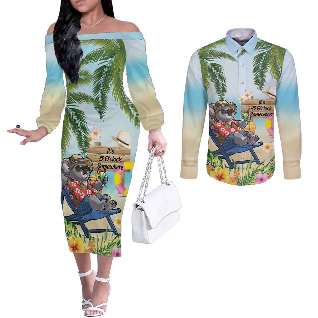 Chilling Koala Australia Couples Matching Off The Shoulder Long Sleeve Dress and Long Sleeve Button Shirt It's 5 O’Clock Somewhere Tropical Vibes - Aussie Hoodie
