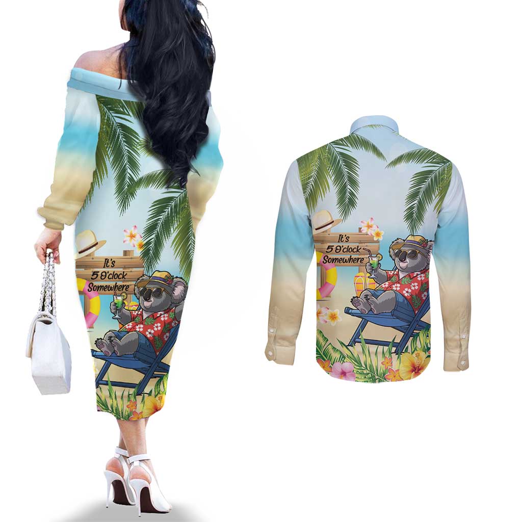 Chilling Koala Australia Couples Matching Off The Shoulder Long Sleeve Dress and Long Sleeve Button Shirt It's 5 O’Clock Somewhere Tropical Vibes - Aussie Hoodie