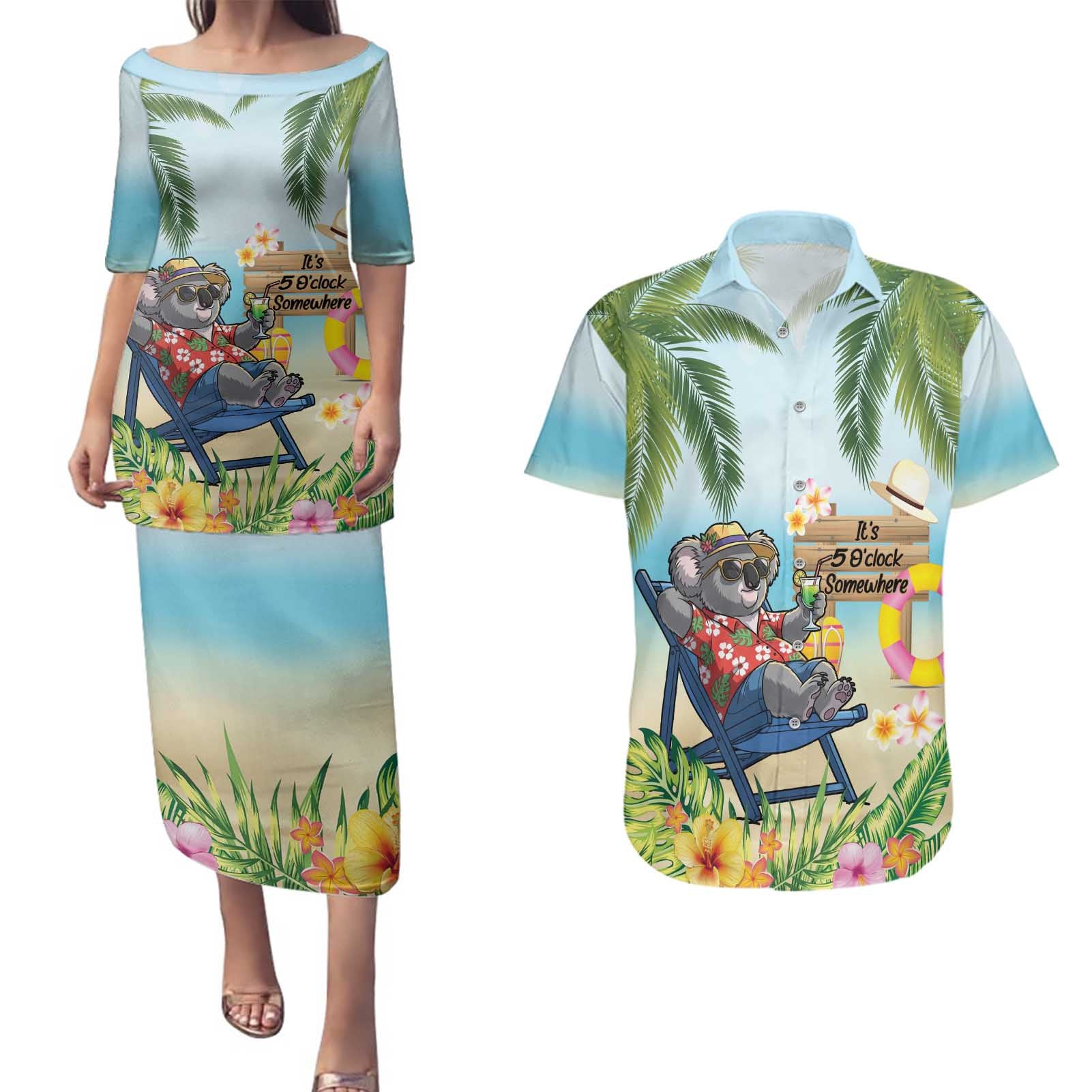 Chilling Koala Australia Couples Matching Puletasi and Hawaiian Shirt It's 5 O’Clock Somewhere Tropical Vibes - Aussie Hoodie