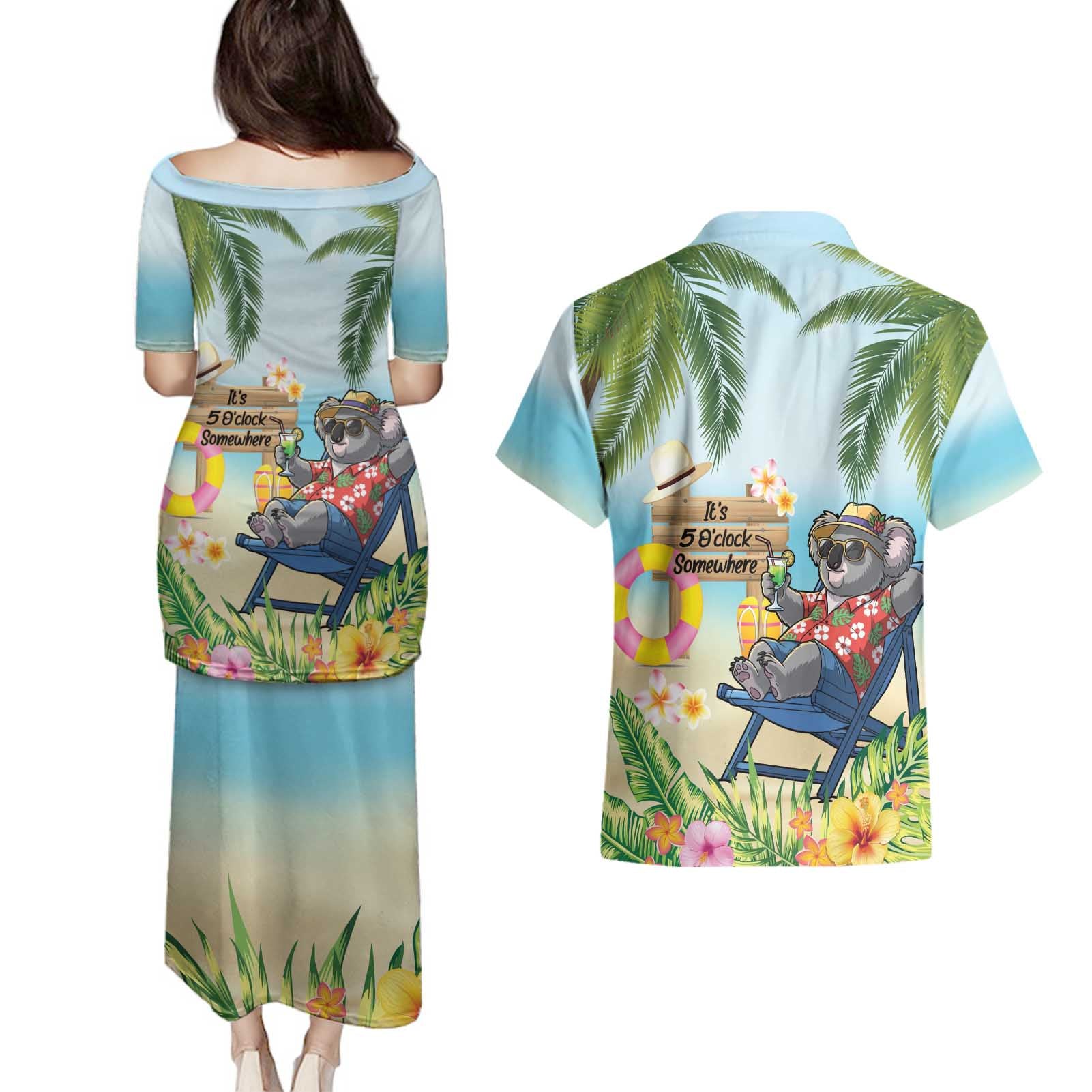 Chilling Koala Australia Couples Matching Puletasi and Hawaiian Shirt It's 5 O’Clock Somewhere Tropical Vibes - Aussie Hoodie