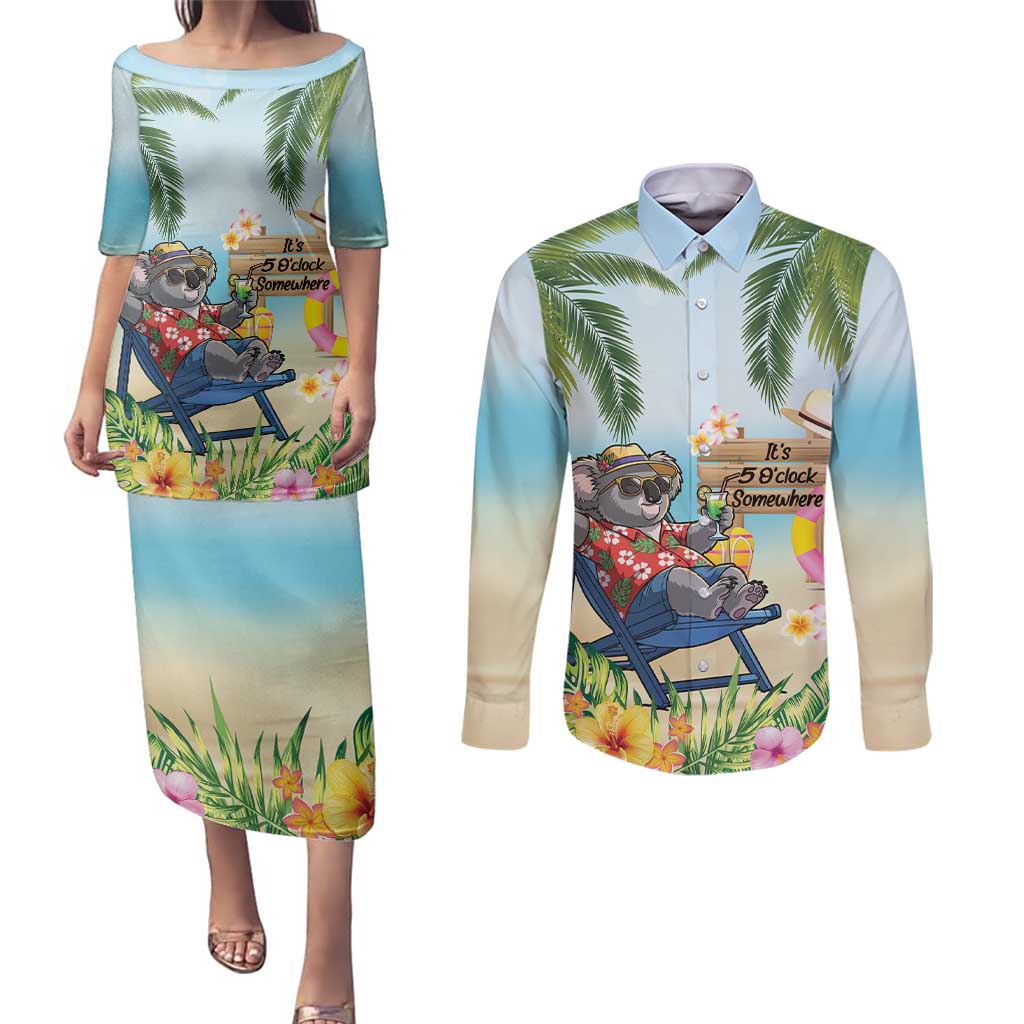 Chilling Koala Australia Couples Matching Puletasi and Long Sleeve Button Shirt It's 5 O’Clock Somewhere Tropical Vibes - Aussie Hoodie