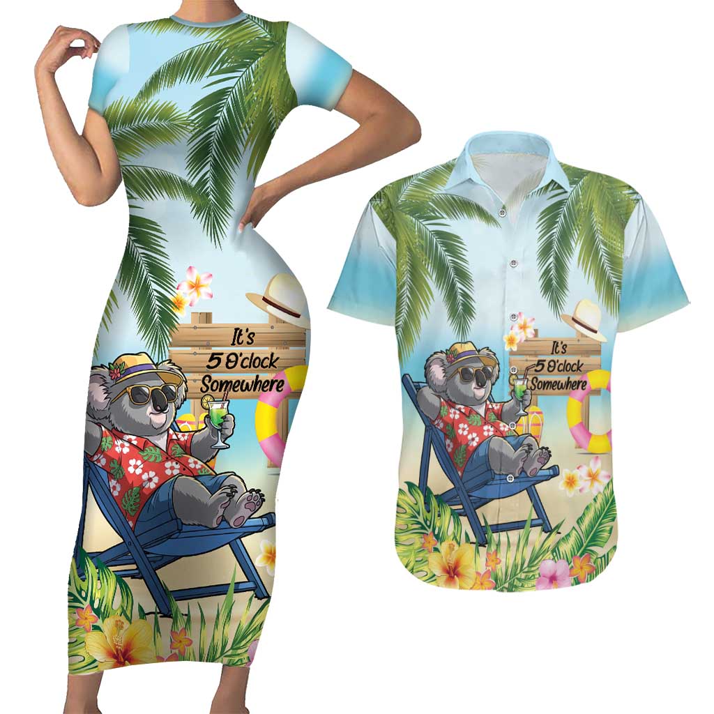 Chilling Koala Australia Couples Matching Short Sleeve Bodycon Dress and Hawaiian Shirt It's 5 O’Clock Somewhere Tropical Vibes - Aussie Hoodie