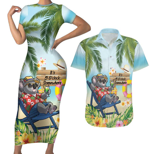 Chilling Koala Australia Couples Matching Short Sleeve Bodycon Dress and Hawaiian Shirt It's 5 O’Clock Somewhere Tropical Vibes - Aussie Hoodie