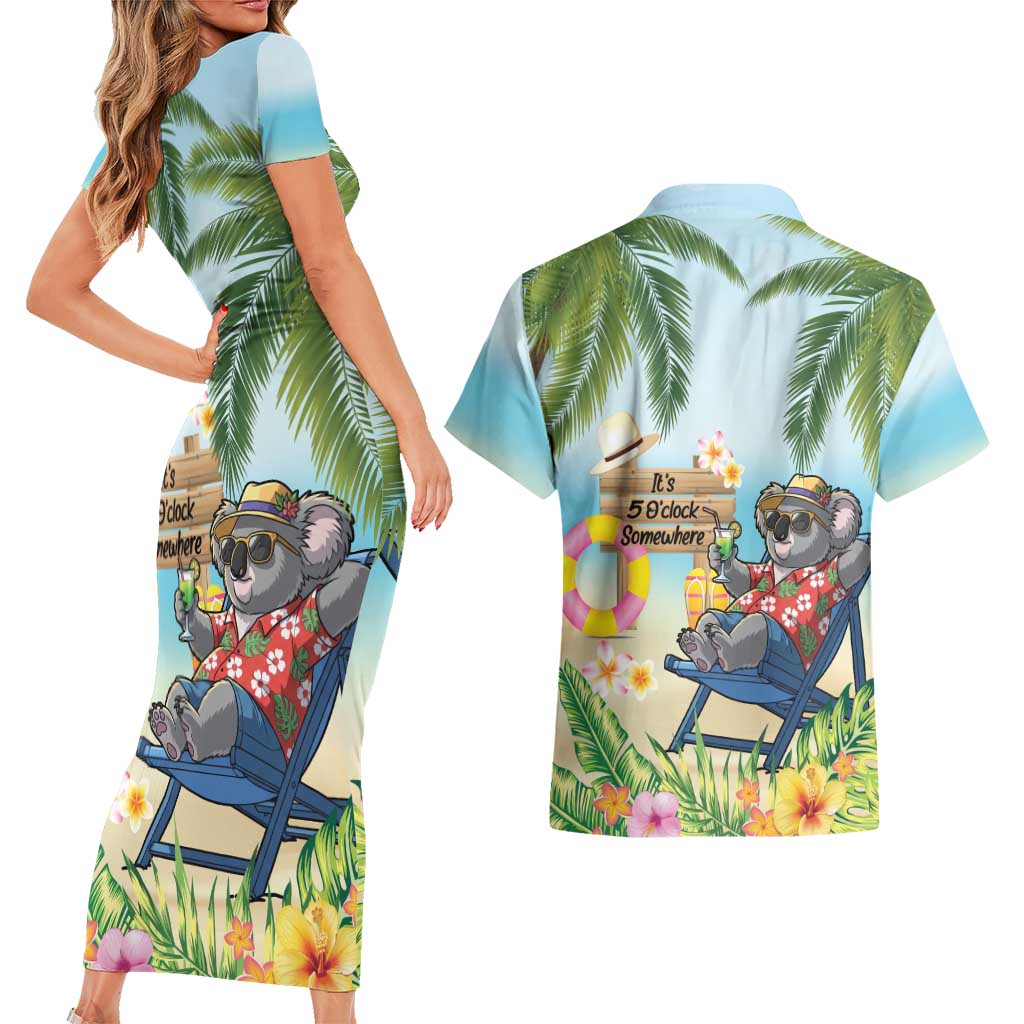 Chilling Koala Australia Couples Matching Short Sleeve Bodycon Dress and Hawaiian Shirt It's 5 O’Clock Somewhere Tropical Vibes - Aussie Hoodie