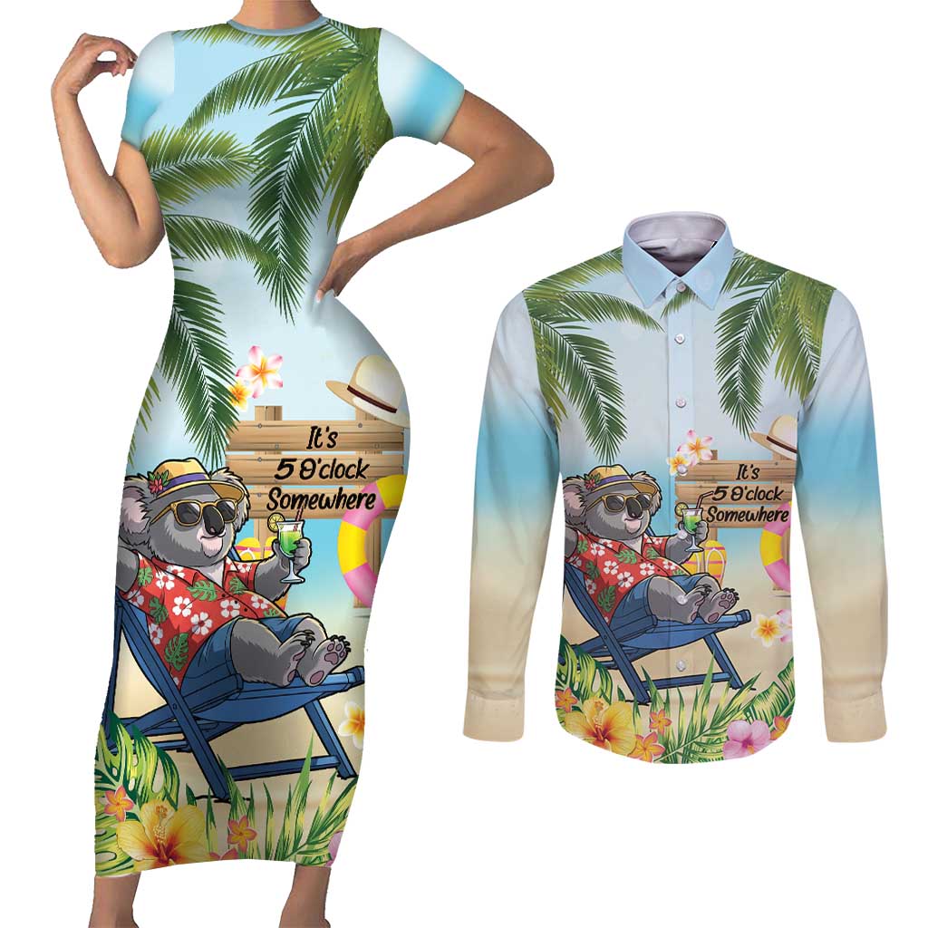 Chilling Koala Australia Couples Matching Short Sleeve Bodycon Dress and Long Sleeve Button Shirt It's 5 O’Clock Somewhere Tropical Vibes - Aussie Hoodie