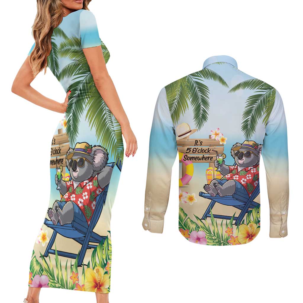 Chilling Koala Australia Couples Matching Short Sleeve Bodycon Dress and Long Sleeve Button Shirt It's 5 O’Clock Somewhere Tropical Vibes - Aussie Hoodie