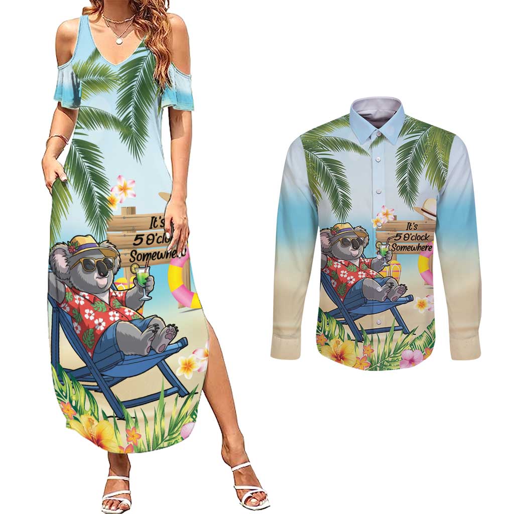 Chilling Koala Australia Couples Matching Summer Maxi Dress and Long Sleeve Button Shirt It's 5 O’Clock Somewhere Tropical Vibes - Aussie Hoodie