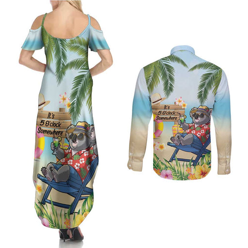 Chilling Koala Australia Couples Matching Summer Maxi Dress and Long Sleeve Button Shirt It's 5 O’Clock Somewhere Tropical Vibes - Aussie Hoodie