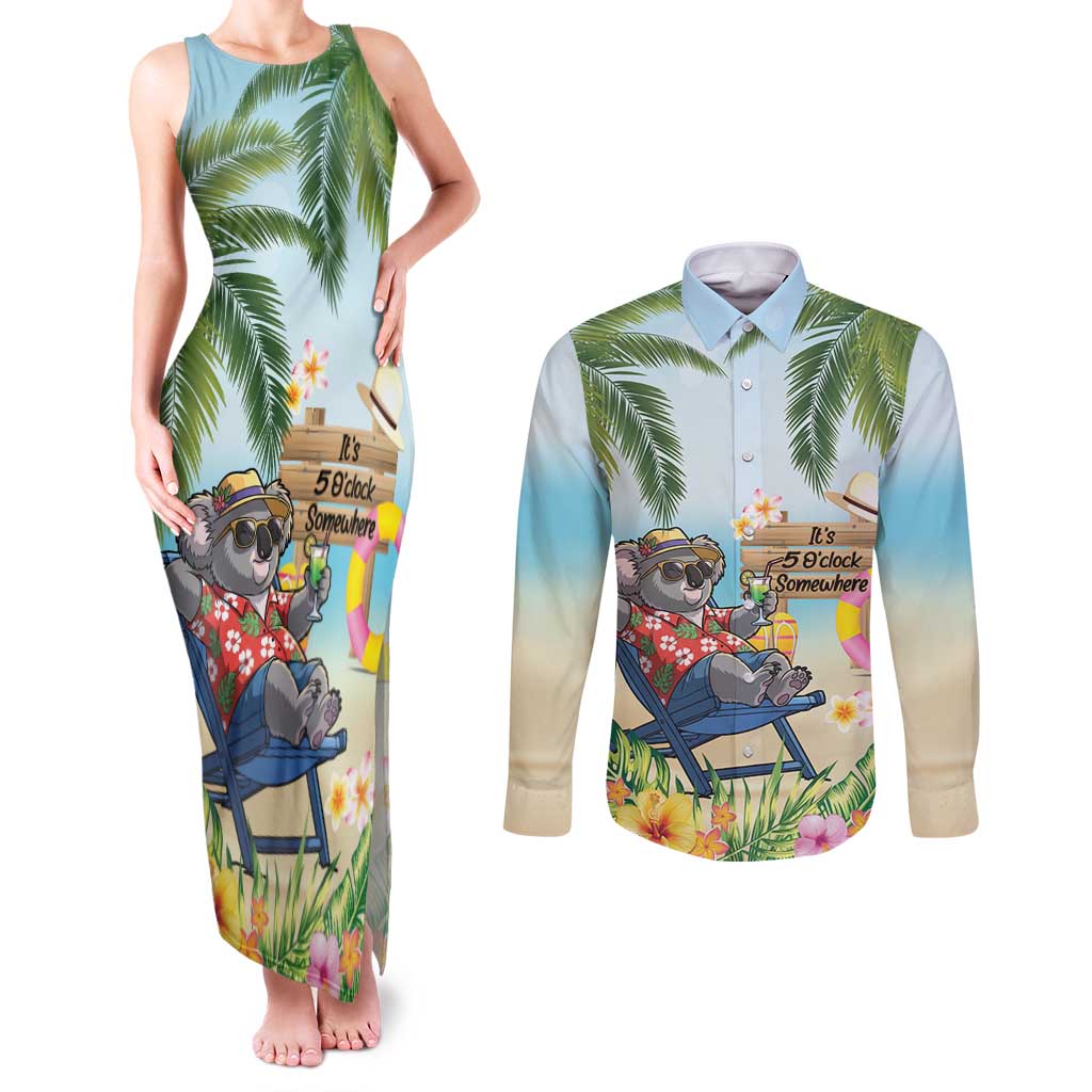 Chilling Koala Australia Couples Matching Tank Maxi Dress and Long Sleeve Button Shirt It's 5 O’Clock Somewhere Tropical Vibes - Aussie Hoodie