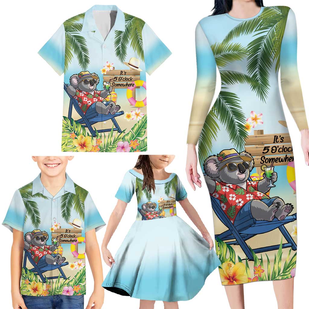 Chilling Koala Australia Family Matching Long Sleeve Bodycon Dress and Hawaiian Shirt It's 5 O’Clock Somewhere Tropical Vibes - Aussie Hoodie