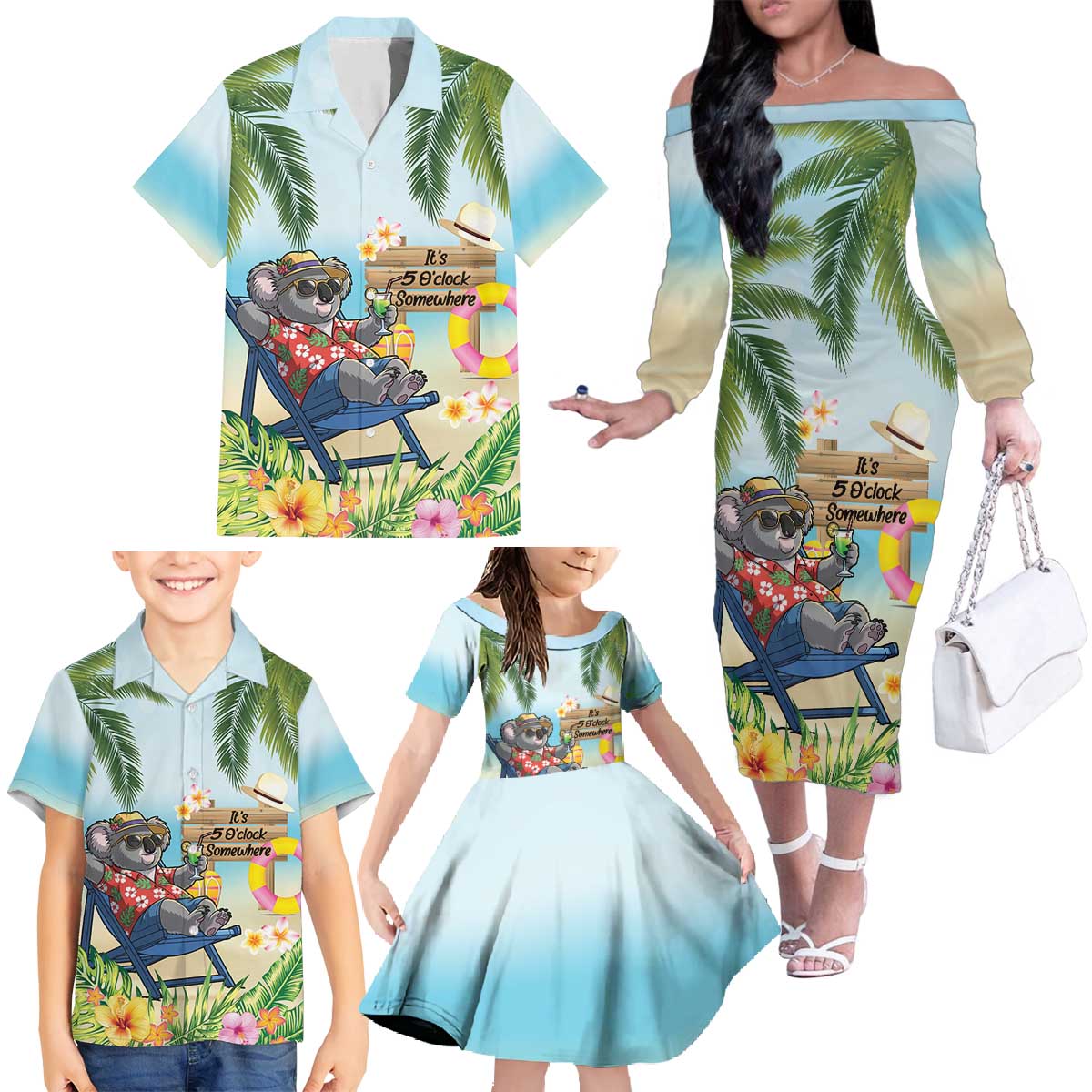 Chilling Koala Australia Family Matching Off The Shoulder Long Sleeve Dress and Hawaiian Shirt It's 5 O’Clock Somewhere Tropical Vibes - Aussie Hoodie