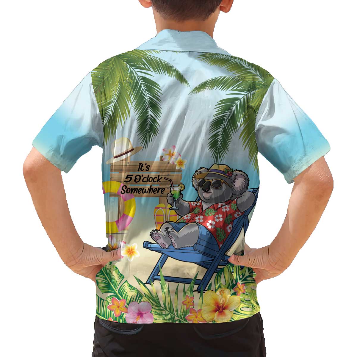 Chilling Koala Australia Family Matching Off The Shoulder Long Sleeve Dress and Hawaiian Shirt It's 5 O’Clock Somewhere Tropical Vibes - Aussie Hoodie