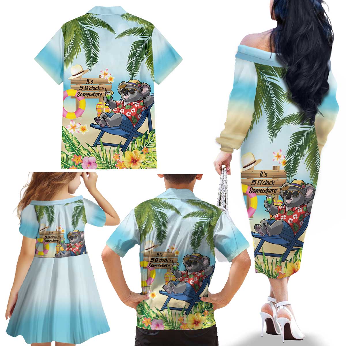 Chilling Koala Australia Family Matching Off The Shoulder Long Sleeve Dress and Hawaiian Shirt It's 5 O’Clock Somewhere Tropical Vibes - Aussie Hoodie