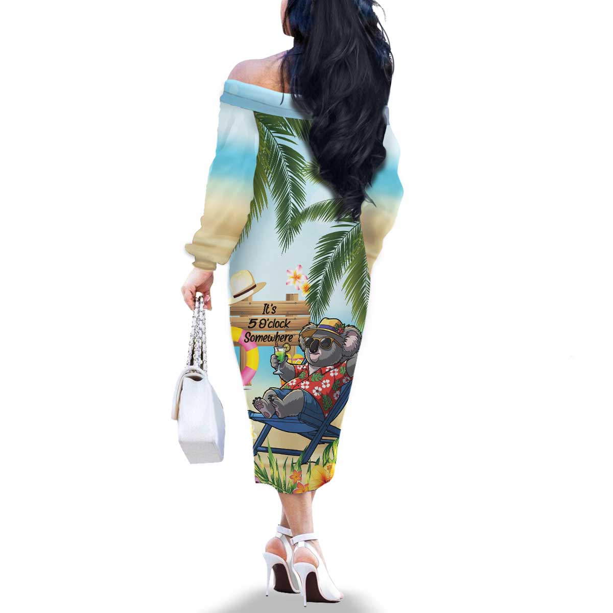 Chilling Koala Australia Family Matching Off The Shoulder Long Sleeve Dress and Hawaiian Shirt It's 5 O’Clock Somewhere Tropical Vibes - Aussie Hoodie