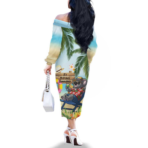 Chilling Koala Australia Family Matching Off The Shoulder Long Sleeve Dress and Hawaiian Shirt It's 5 O’Clock Somewhere Tropical Vibes - Aussie Hoodie