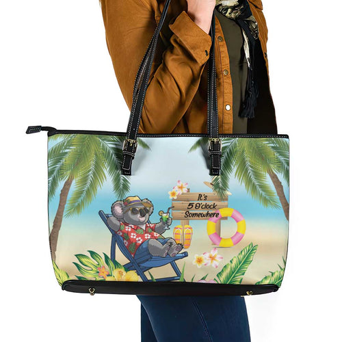 Chilling Koala Australia Leather Tote Bag It's 5 O’Clock Somewhere Tropical Vibes - Aussie Hoodie