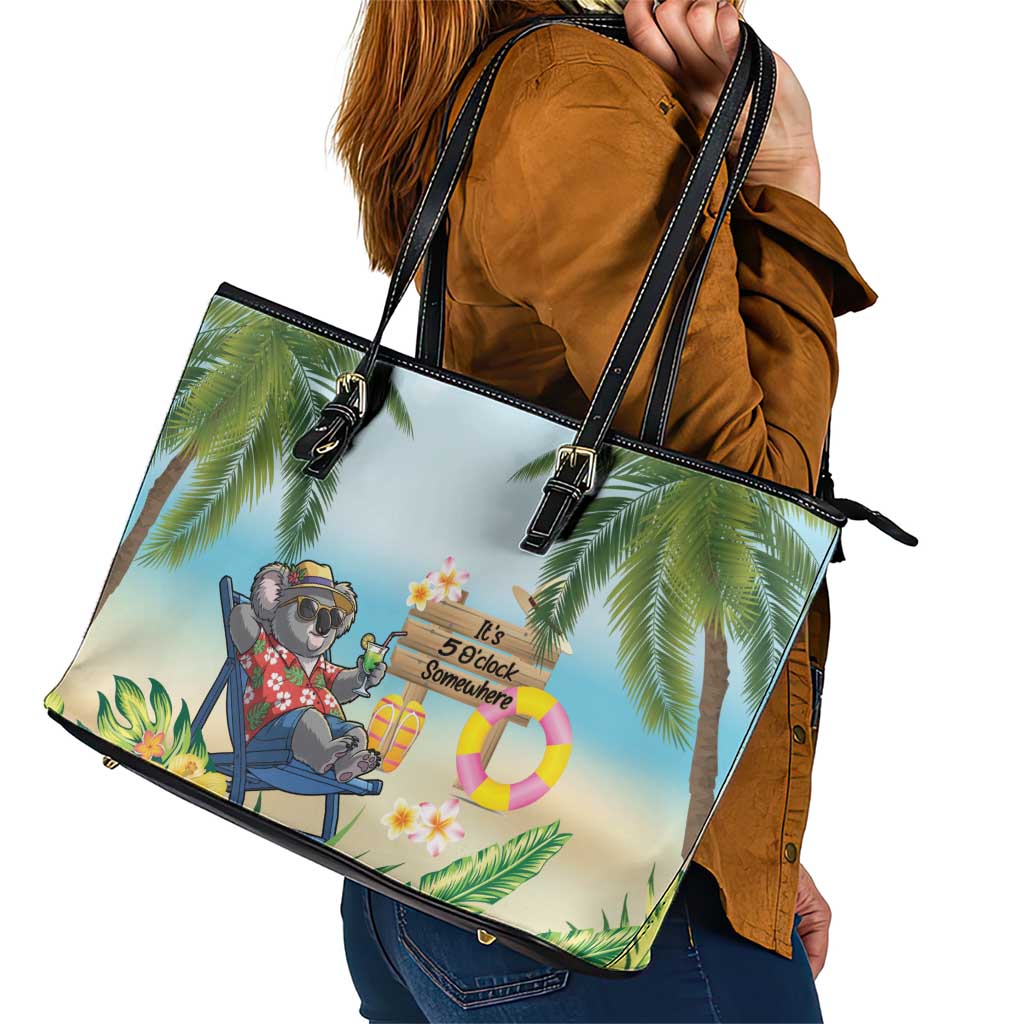 Chilling Koala Australia Leather Tote Bag It's 5 O’Clock Somewhere Tropical Vibes - Aussie Hoodie