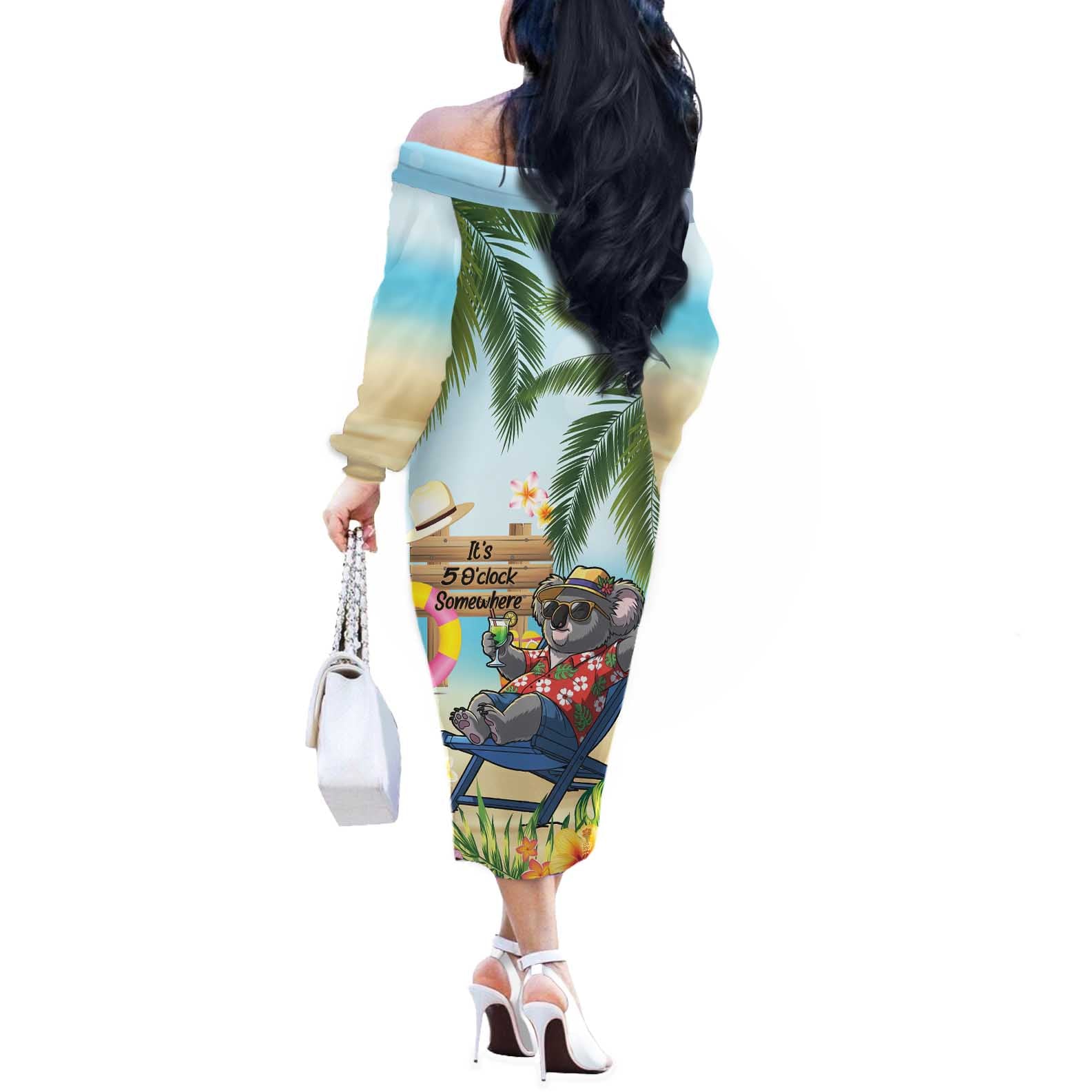 Chilling Koala Australia Off The Shoulder Long Sleeve Dress It's 5 O’Clock Somewhere Tropical Vibes - Aussie Hoodie