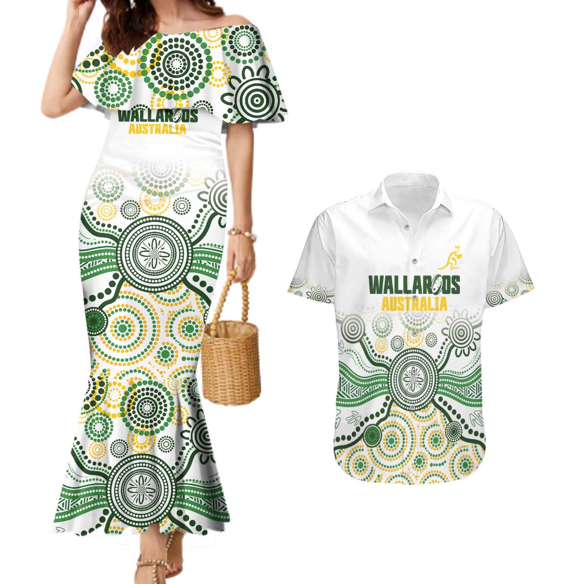 Australia Rugby Custom Couples Matching Mermaid Dress and Hawaiian Shirt 2025 Wallaroos Indigenous Art - Aussie Hoodie