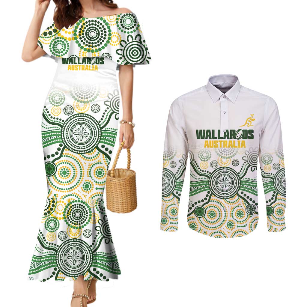 Australia Rugby Custom Couples Matching Mermaid Dress and Long Sleeve Button Shirt 2025 Wallaroos Indigenous Art - Aussie Hoodie