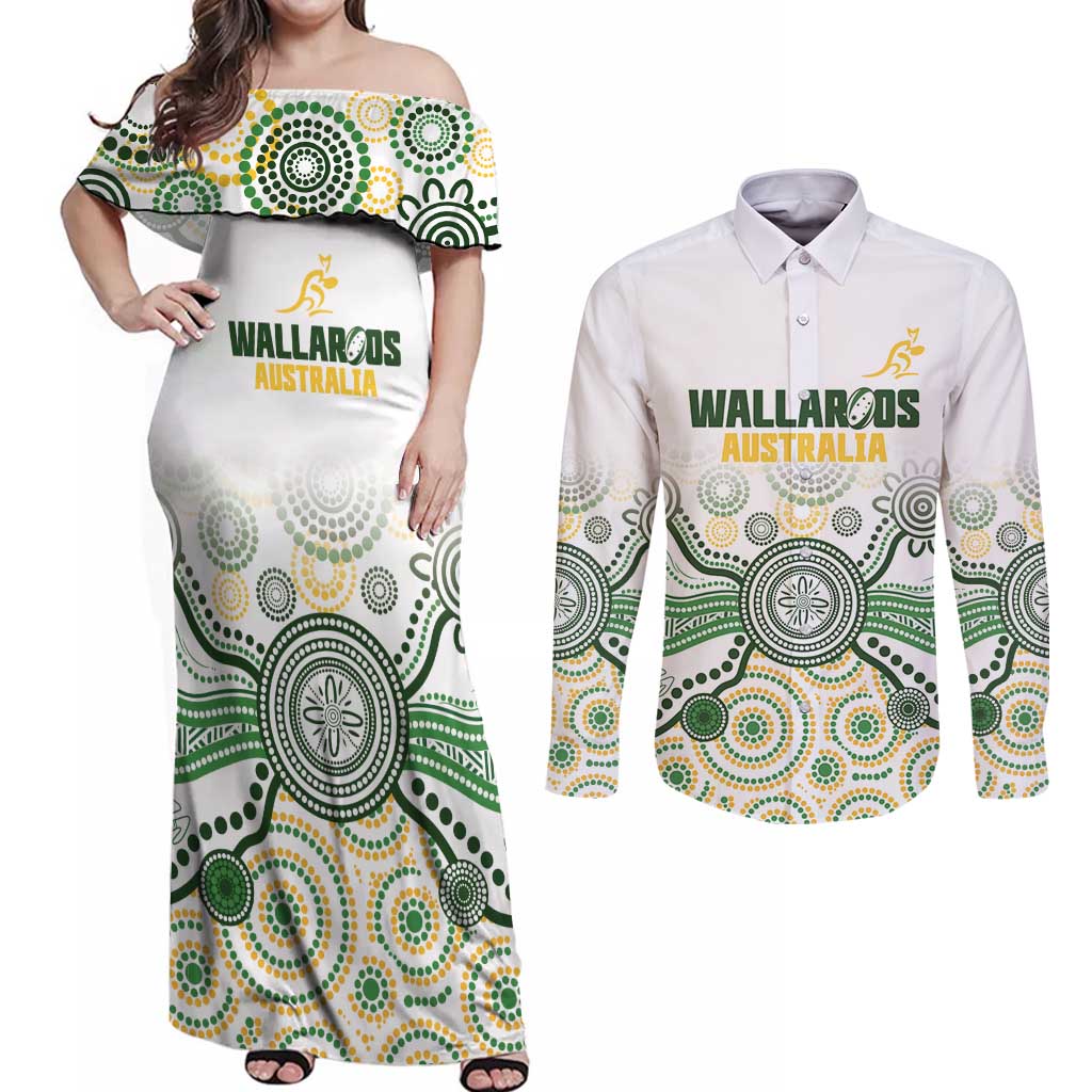 Australia Rugby Custom Couples Matching Off Shoulder Maxi Dress and Long Sleeve Button Shirt 2025 Wallaroos Indigenous Art - Aussie Hoodie